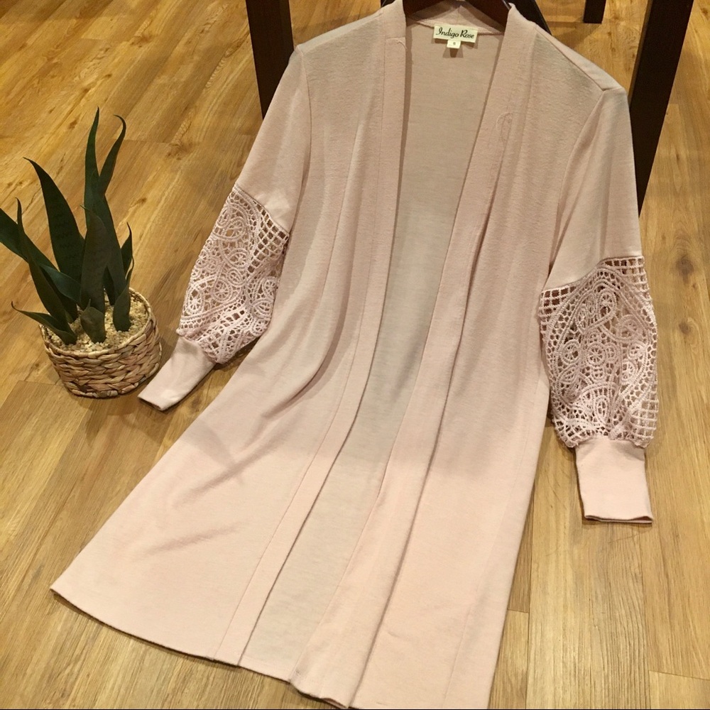 Indigo Rose Crochet Sleeve Open Cardigan Duster Sweater